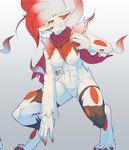 after_transformation anthro blush breasts claws clothing featureless_breasts featureless_crotch female fur medium_breasts nude red_body red_fur scarf sharp_teeth simple_background teeth torn_clothing transformation white_body white_fur yellow_eyes raaggu nintendo pokemon akari_(pokemon) canid canine generation_8_pokemon hisuian_form hisuian_zoroark mammal pokemon_(species) regional_form_(pokemon) hi_res