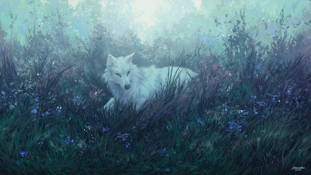 ambiguous_gender feral flower fur grass lying_on_ground on_ground plant purple_eyes solo white_body white_fur cherry_wake canid canine canis mammal wolf 16:9 2026 digital_media_(artwork) digital_painting_(artwork) hi_res painting_(artwork) signature widescreen