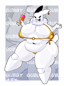 anthro big_breasts big_butt bikini breasts butt clothing dessert female food gold_bikini huge_breasts huge_butt hyper hyper_breasts ice_cream overweight solo swimwear two-piece_swimsuit wide_hips kixly gubby_(roblox) gubby_(species) hi_res