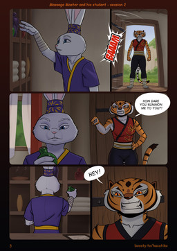 angry anthro bottomwear clenched_teeth clothed clothing dialogue door door_slam duo feet female fingers fur holding_object male male/female onomatopoeia orange_body pants sound_effects speech_bubble standing striped_body stripes tail teeth text toes topwear hacatiko dreamworks kung_fu_panda master_tigress felid lagomorph leporid mammal pantherine rabbit tiger 2025 comic digital_media_(artwork) english_text hi_res