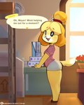 anthro clothed clothing female looking_at_viewer offscreen_character qr_code solo speech_bubble text tofuuu animal_crossing nintendo isabelle_(animal_crossing) villager_(animal_crossing) canid canine canis domestic_dog mammal 4:5 absurd_res english_text hi_res