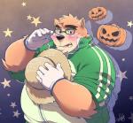 anthro blush brown_body brown_fur clothing eyewear food fruit fur glasses gloves handwear hat headgear headwear male overweight overweight_anthro overweight_male plant pumpkin solo straw_hat daihukudokoro lifewonders tokyo_afterschool_summoners volos_(tas) bear mammal 2017