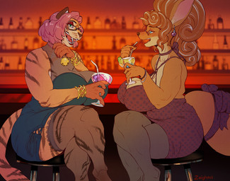 anthro big_breasts bracelet breasts brown_body brown_hair brown_markings cleavage clothed clothed_anthro clothed_female clothing cocktail_glass container crossed_legs cup detailed_background dress drinking_glass duo ear_piercing eyewear female glass glass_container glass_cup glasses hair huge_breasts humanoid_hands jewelry legwear markings mature_anthro mature_female open_mouth open_smile orange_body piercing pink_hair sitting smile stockings tail tan_body thick_thighs translucent translucent_clothing translucent_topwear wearing_glasses zeighous darcey_(zeighous) susan_(tunesdesu) felid kangaroo macropod mammal marsupial pantherine tiger hi_res