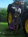 anthro boots bottomwear clothing cowboy cowboy_boots cowboy_hat farm farmboy farmer farming femboy footwear hat headgear headwear hotpants male outside prosthetic shoes shorts solo tractor vehicle laralila suerte deity domestic_cat felid feline felis mammal 3:4 absurd_res hi_res