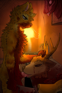 anthro antler_grab antlers blood blood_from_mouth blood_in_mouth blood_on_chest blood_on_face bloodshot_eyes bodily_fluids brown_eyes butcher_knife corpse death excessive_blood eye_contact face_fucking flayed fur genitals gore group guts horn humiliation irrumatio looking_at_another male male/male necrophilia oral oral_penetration orange_body orange_fur organs penetration penile penile_spines penis penis_in_mouth predator/prey satisfied severed_body_part severed_head sex sink snuff taxidermy trio whiskers yellow_body yellow_fur pankallisti cat_named_mojave mojave_(cat_named_mojave) deer domestic_cat felid feline felis mammal hi_res