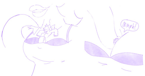 4_fingers anthro between_breasts body_between_breasts bra breasts clothing duo female female/female fingers lips macro prehensile_tail shirt sleeveless_shirt speech_bubble tail topwear underwear bigsteppies canid mammal unknown_species blue_and_white hi_res monochrome