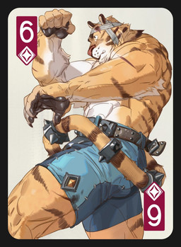 abs accessory anthro bandage bandaged_head black_clothing black_hair blood blue_bottomwear blue_clothing blue_shorts bodily_fluids bottomwear butt card claws clothed clothing finger_claws fur furgonomics hair handwear jewelry knee_pads male multicolored_body multicolored_fur muscular muscular_anthro muscular_human muscular_male pawpads pink_nose playing_card ring shorts six_of_diamonds solo spiked_tail_ring striped_body striped_fur stripes tail tail_accessory tail_jewelry tail_ring topless white_body white_fur yellow_body yellow_fur tooboshoo felid human mammal pantherine tiger