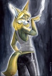 anthro black_bottomwear black_clothing bottomwear clothing female glistening pants shirt smoking solo tail tank_top tight_bottomwear tight_clothing topwear white_clothing white_topwear sapphire_(artist) kael canid canine fennec_fox fox mammal true_fox 2008 mixed_media painting_(artwork) pen_(artwork) traditional_media_(artwork) watercolor_(artwork)