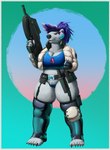 anthro assault_rifle bear belt big_breasts blue_hair bottomwear breasts clothed clothing digital_media_(artwork) dog_tags female fn_f2000 fur gloves gun hair handwear headgear hi_res holding_gun holding_object holding_ranged_weapon holding_weapon humanoid_hands jacket knife latex latex_clothing latex_gloves latex_handwear latex_legwear latex_skinsuit latex_stockings legwear mammal overweight pink_eyes polar_bear puffer_jacket ranged_weapon rifle rubber_clothing simple_background skinsuit slightly_chubby slightly_chubby_female smile solo standing stockings tall_lizzard_(artist) thick_thighs thong tight_clothing topwear underwear ursine weapon white_body white_fur wide_hips