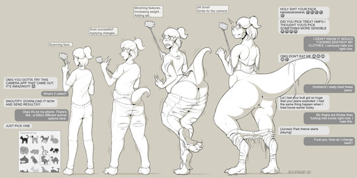 5_fingers anthro base_one_layout basic_sequence body_size_growth bottomwear camera claws clothing denim denim_bottomwear denim_clothing dialogue emoji eyewear female fingers footwear four_frame_image four_frame_sequence genitals glasses growth hair human_to_anthro jeans linear_sequence looking_back one_row_layout pants ponytail profanity selfie_stick sharp_teeth shirt shocked shoes simple_background size_transformation solo species_transformation standing tail tail_growth teeth text thick_thighs topwear torn_clothing transformation transformation_sequence underwear vulva wide_hips koopacap dinosaur human mammal prehistoric_species reptile scalie theropod tyrannosaurid tyrannosauroid tyrannosaurus tyrannosaurus_rex 2020 english_text hi_res sequence