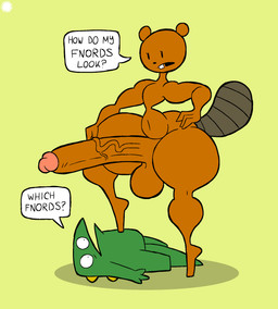 anthro balls big_penis bottom_heavy brown_body brown_fur buckteeth curvy_figure dialogue duo eyelashes femboy fur genitals green_body hand_on_hip huge_penis humanoid_genitalia humanoid_penis logo looking_down male navel penis size_difference small_waist speech_bubble tail teeth text thick_thighs vein veiny_penis wide_hips thatdawgmurray beaver_and_steve beaver_(beaver_and_steve) steve_(beaver_and_steve) beaver dinosaur mammal prehistoric_species reptile rodent scalie aliasing artist_logo artist_name digital_media_(artwork) english_text hi_res signature