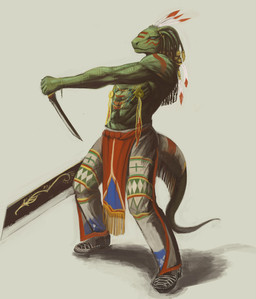 abs anthro biceps biped bodypaint bottomwear clothed clothing dagger face_paint facial_paint feathers fighting_pose green_body green_skin holding_melee_weapon holding_object holding_sword holding_weapon jewelry loincloth looking_at_viewer male melee_weapon muscular muscular_anthro muscular_male native_american necklace pecs pose scales solo standing sword tail topless tribal weapon radicalizm-e lizard reptile scalie