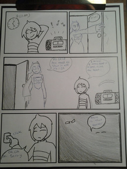 anthro clock darkness door door_handle doorknob doorway duo early_morning electronics eyes_closed inside lightswitch music open_door radio smile time wall_clock wkeeble12 undertale undertale_(series) frisk_(undertale) toriel boss_monster_(undertale) bovid caprine human mammal unknown_species 3:4 graphite_(artwork) mixed_media monochrome pen_(artwork) traditional_media_(artwork)