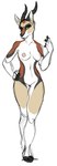 anthro breasts female green_eyes hand_on_hip hooves horn inner_ear_fluff multicolored_body navel nipples nude simple_background solo standing tuft white_background hoot_(artist) antelope bovid gazelle mammal hi_res
