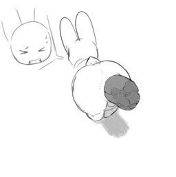 anthro anus balls big_butt bodily_fluids butt clenched_teeth excessive_feces eyes_closed feces genitals hyper hyper_feces long_ears male nude poop_in_ass pooping scatplay simple_background solo standing straining sweat sweatdrop tail teeth white_background white_body tiosqr lagomorph leporid mammal rabbit monochrome