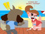 animal_crossing anthro beach blush brown_hair canid canine canis clothed clothing digby_(animal_crossing) domestic_dog duo female hair hi_res lottie_(animal_crossing) male male/female mammal mustelid nintendo one_eye_closed otter outside panties panties_down partially_clothed surprised_expression tail underwear underwear_down undressing weirdkoaladream wink
