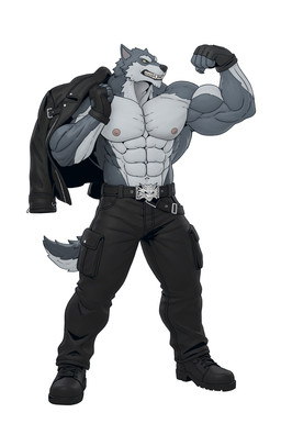 abs anthro barazoku belt belt_buckle biceps big_muscles black_belt black_boots black_bottomwear black_clothing black_footwear black_gloves black_handwear black_jacket black_pants black_topwear boots bottomwear buckle claws clothed clothing deltoids fangs finger_claws fingerless_gloves flexing flexing_bicep footwear forearm_muscles fur gloves grey_body grey_fur handwear huge_muscles jacket leather leather_clothing leather_jacket leather_topwear male male_anthro muscular muscular_anthro muscular_male navel nipples obliques pants pecs shoes simple_background skull_belt_buckle solo standing tail teeth topless topless_anthro topless_male topwear triceps white_background yellow_eyes strei365 canid canine canis mammal wolf 2026 hi_res