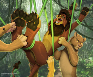 black_mane black_pawpads black_tail_tuft bodily_fluids brown_body brown_fur butt cheek_tuft claws crying_laughing eye_scar facial_scar facial_tuft feet female fur fur_tuft group laugh male mane motion_lines multicolored_body multicolored_fur open_mouth open_smile pawpads paws pink_pawpads restrained scar smile tail tail_tuft tan_body tan_fur tears teeth text tickle_fetish tickle_torture tickling tickling_feet toe_claws tuft vine_bondage whiskers yellow_body yellow_fur yellow_sclera aliscik disney the_lion_king kovu_(the_lion_king) felid lion mammal pantherine url