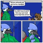 1:1 annoyed anthro avian bathroom big_penis bird blue_jay bodily_fluids border cartoon_network clothed clothed/nude clothing comic corvid dialogue dripping duo english_text erection foreskin genital_fluids genitals huge_penis humanoid_genitalia humanoid_penis jay_(bird) long_penis male male/male mammal mordecai_(regular_show) new_world_jay nude oscine passerine pb-art penis precum precum_drip procyonid public_restroom raccoon regular_show restroom_stall retracted_foreskin rigby_(regular_show) small_but_hung text toilet undressing white_border