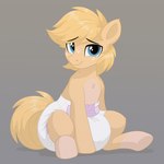 big_diaper blonde_hair blue_eyes clothed clothing diaper diaper_fetish earth_pony equid equine fan_character feral freckled_face freckles fur hair hasbro hi_res horse leg_markings male mammal markings my_little_pony nineplusten pony poofy_diaper socks_(marking) solo tan_body tan_fur wearing_diaper white_diaper