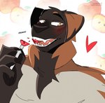 anthro big_hands blush blush_lines candy crunch dessert fangs fluffy food happy lollipop lollipop_in_mouth looking_at_another looking_back looking_pleasured male pawpads pecs smile solo sweets teeth walk-w-igny norton_(nerton) canid canine canis domestic_dog leonberger mammal molosser mountain_dog hi_res