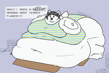 anthro belly belly_on_ground big_belly big_breasts big_butt blush breasts burping butt cereal clothed clothing dark_hair dialogue dialogue_box dialogue_with_sound_effects double_chin extended_sound_effect fat_arms fat_rolls female food grey_hair hair huge_belly huge_butt huge_hips immobile looking_at_viewer morbidly_obese morbidly_obese_anthro morbidly_obese_female obese obese_anthro obese_female onomatopoeia open_mouth overweight overweight_anthro overweight_female pattern_clothing shirt simple_background solo sound_effect_variant sound_effects stretch_marks tail text text_box topwear underwear white_body wide_hips fatfckinfish undertale undertale_(series) temmie_(undertale) mammal tem english_text