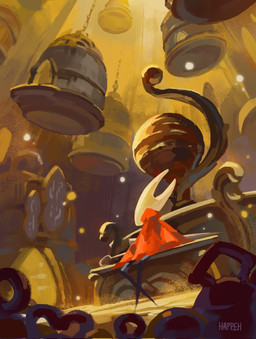 2_horns ambiguous_gender bell bench biped cloak clothed clothing detailed_background horn on_bench outside red_cloak red_clothing sitting sitting_on_bench solo text happeh hollow_knight:_silksong hollow_knight_(franchise) team_cherry hornet_(hollow_knight) arthropod 2026 artist_name english_text hi_res