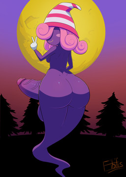 balls big_butt big_penis breasts butt clothing erection genitals gesture ghost_tail gloves gynomorph hair hand_gesture handwear hat headgear headwear huge_penis humanoid_genitalia humanoid_penis intersex legless looking_back not_furry penis pink_hair purple_body solo v_sign white_clothing white_gloves white_handwear fibilis mario_bros nintendo paper_mario vivian_(mario) ghost shadow_siren spirit digital_media_(artwork) hi_res