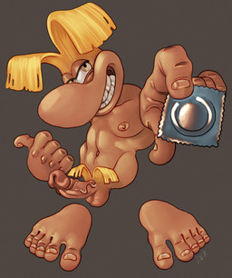 big_eyes big_nose blonde_hair condom erection genitals gesture glans hair male mascot modular_anatomy nipples not_furry penis pubes sexual_barrier_device silly_pose simple_background smile solo standing suggestive suggestive_gesture tan_body tan_glans tan_nipples tan_penis tan_skin vein veiny_penis ravuer rayman_(series) ubisoft rayman humanoid unknown_species absurd_res hi_res