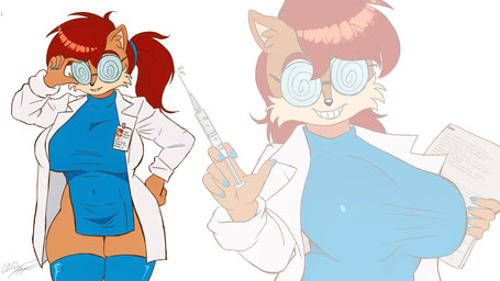 absolute_territory anthro big_breasts breasts brown_body clothing coat colored_nails eyewear female glasses grin grinning_at_viewer hair huge_breasts inner_ear_fluff lab_coat long_hair nails nerd ponytail red_hair smile smiling_at_viewer solo spiral_glasses syringe thick_thighs tight_clothing toothy_grin topwear tuft wide_hips azul35art archie_comics sega sonic_the_hedgehog_(archie) sonic_the_hedgehog_(comics) sonic_the_hedgehog_(series) sally_acorn ground_squirrel mammal rodent sciurid 16:9 2025 absurd_res digital_drawing_(artwork) digital_media_(artwork) hi_res signature widescreen