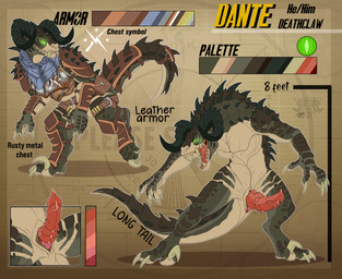 animal_genitalia anthro armor claws genitals glowing glowing_eyes horn leather leather_armor male metal_armor penile_spines penis scarf solo text toe_claws kibacreations fallout microsoft dante_(aurath) deathclaw scalie 2024 absurd_res english_text hi_res model_sheet
