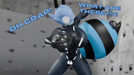 antennae_(anatomy) anthro arthropod_abdomen bdsm big_breasts black_bodysuit black_clothing black_latex black_skinsuit blue_body blue_eyes bodysuit bondage bound breasts clothing dialogue female inside kronos_unveiled latex latex_bodysuit latex_clothing latex_skinsuit lights liquid_latex multicolored_body null_bulge profanity skinsuit slime solo standing suit surprised tar text tight_clothing trapped turrets two_tone_body alexian_(artist) disney pixar the_incredibles n-2_rem arthropod bee hymenopteran insect 16:9 2026 3d_(artwork) 4k absurd_res blender_(artwork) blender_eevee_(artwork) digital_media_(artwork) english_text hi_res watermark widescreen