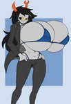 big_breasts bikini black_hair breasts clothing eyewear female fingers glasses hair hand_in_pocket horn huge_breasts hyper hyper_breasts not_furry orange_horn pockets solo swimwear two-piece_swimsuit yellow_sclera angstrom homestuck ms_paint_adventures vriska_serket alien troll_(homestuck) 2021 hi_res