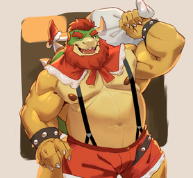 2_horns anthro beard biceps bottomwear bracelet christmas_clothing christmas_headwear clothing facial_hair hair hat headgear headwear holidays horn jewelry looking_at_viewer male manly musclegut muscular nipples one_eye_closed open_mouth pecs red_hair sack santa_hat sharp_teeth shorts simple_background slightly_chubby smile solo spiked_bracelet spikes standing suspenders teeth triceps wink lhjal2 christmas mario_bros nintendo bowser koopa scalie 2022 absurd_res hi_res