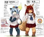 anthro blue_hair bottomwear brown_body brown_fur clothing duo female fur furgonomic_bottomwear furgonomics hair long_hair red_eyes red_hair school_uniform short_hair text uniform koishi_chikasa kemono_giga azuma_riko misuzu_(kemono_giga) canid canine domestic_cat felid feline felis fox mammal japanese_text partially_translated translation_request