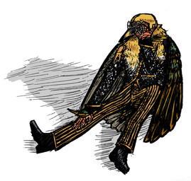anthro beak black_body black_clothing black_feathers black_footwear black_shoes blonde_hair bottomwear brown_eyes clothing eyewear feathers footwear glasses hair hand_on_leg long_hair long_sleeves male pants pattern_bottomwear pattern_clothing pattern_pants simple_background sitting solo spots striped_bottomwear striped_clothing striped_pants stripes wavy_hair white_spots wings makaronnie sterling_donner avian bird oscine passerine starling_(bird) absurd_res hi_res
