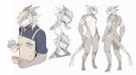 abs anthro apron bandage beverage clothing coffee container cup eyes_closed featureless_crotch grey_hair hair horn looking_at_viewer male multiple_poses pecs pose solo tail notglacier mythology aedric_(notglacier) dragon mythological_creature mythological_scalie scalie absurd_res hi_res