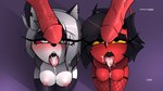 anthro areola biped black_hair blush bodily_fluids breasts cum cum_in_mouth cum_inside erection female genital_fluids genitals glans grey_body group hair humanoid_genitalia humanoid_penis kneeling leaking_cum male male/female multicolored_body nipples penis pupils red_body red_sclera text tongue tongue_out vein veiny_penis white_body white_eyes white_hair jizoku helluva_boss mythology loona_(helluva_boss) millie_(helluva_boss) canid canid_demon canine demon hellhound humanoid imp mammal mythological_canine mythological_creature 16:9 2025 4k absurd_res hi_res url widescreen
