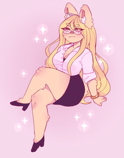 3_fingers anthro bangs bent_legs black_bottomwear black_bra black_clothing black_eyewear black_footwear black_glasses black_high_heels black_skirt black_underwear blonde_hair bottomwear bra breasts button_(fastener) cheek_tuft cleavage closed_smile clothed clothed_anthro clothed_female clothing crossed_legs eye_through_hair eyebrow_through_hair eyebrows eyelashes eyelashes_through_hair eyewear facial_tuft female fingers fluffy fluffy_ears fluffy_tail footwear fully_clothed fully_clothed_anthro fully_clothed_female fur glasses gold_bangle green_eyes hair heart_symbol high_heels huge_thighs inner_ear_fluff knee_tuft leg_tuft long_hair mouth_closed partially_unbuttoned pencil_behind_ear pink_background pink_inner_ear pink_nose pose rolled_up_sleeves scut_tail shoes short_tail simple_background sitting skirt smile solo sparkles straight_arm tail text thick_thighs translucent translucent_hair tuft underwear white_dress_shirt white_inner_ear_fluff yellow_body yellow_fur yellow_tail suzeart coco_(suzeart) lagomorph leporid mammal rabbit 11:14 2025 artist_name colored digital_drawing_(artwork) digital_media_(artwork) english_description full-length_portrait hi_res portrait shaded