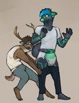 anthro antlers assisted_exposure biped black_body black_fur bodily_fluids bottomwear brown_body brown_fur clothed clothing diaper duo ear_piercing fur gauged_ear genital_fluids green_markings hair horn male markings pants pantsing piercing shirt simple_background smile tight_bottomwear tight_clothing tight_pants topwear unclean_diaper urine used_diaper wearing_diaper wet_diaper wetting stinkslinky cypher_(diaperedglowwolf) hirsche_(diaperedglowwolf) canid canine canis deer mammal wolf 2017 digital_drawing_(artwork) digital_media_(artwork) hi_res