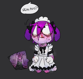anthro aroused balls blood bodily_fluids chastity_cage chastity_device clothed clothing collar crossdressing cutaway dress dripping femboy genital_fluids genitals grey_background hair kneeling male nervous nervous_sweat nosebleed pink_collar precum precum_drip purple_balls purple_body purple_ears purple_hair simple_background solo speech_bubble sweat white_clothing white_dress bravobunny bravo_(bravobunny) lagomorph leporid mammal rabbit 2021 full-length_portrait portrait