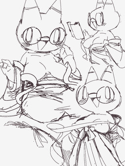 anthro belly big_breasts blush breasts clothing eyewear female glasses nipples open_mouth robe round_glasses sagging_breasts scroll slightly_chubby solo tail thick_thighs wearing_glasses qadyx 2channel fii_(2channel) 2channel_ascii_art_character domestic_cat felid feline felis mammal 3:4 black_and_white hi_res monochrome red_and_white sketch