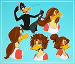 alternate_hairstyle anthro blue_background breasts cleavage clothed clothing duo eyes_closed female hair hair_bun haircut male personal_grooming ponytail scissors simple_background social_grooming styling_hair ricksteubens looney_tunes the_looney_tunes_show warner_brothers daffy_duck tina_russo anatid anseriform avian bird duck 2021 absurd_res hi_res