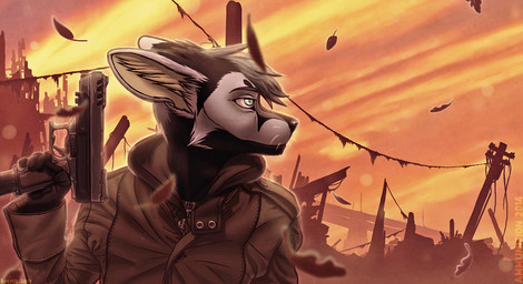 anthro autumn biped building city clothed clothing cloud day detailed_background gun handgun leaf male outside pistol post-apocalyptic ranged_weapon rubble ruins sky solo sunset weapon fighterjet canid canine fox mammal digital_media_(artwork)