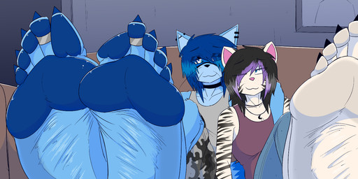 anthro black_hair blue_hair blue_pawpads bottomwear choker claws clothing digit_ring duo ear_piercing ear_ring facial_markings feet foot_fetish foot_focus hair head_markings highlights_(coloring) industrial_piercing jewelry markings mask_(marking) necklace pawpads paws piercing purple_highlights ring ring_piercing shirt shorts smile tank_top toe_claws toe_ring toes topwear white_pawpads wrinkled_feet wrinkles aimpunch azura_(aimpunch) domestic_cat felid feline felis mammal procyonid raccoon hi_res