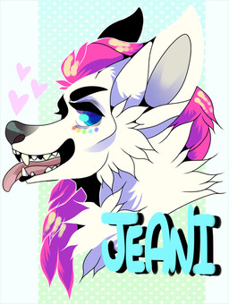 black_eyebrows black_nose blue_eyes cheek_tuft chest_tuft dotted_background eyebrows facial_tuft female fur glistening glistening_eyes glistening_nose hair heart_symbol looking_aside neck_tuft open_mouth pattern_background pink_hair side_view simple_background solo tongue tongue_out tuft white_body white_ears white_fur white_inner_ear princelykaden jeani headshot_portrait portrait