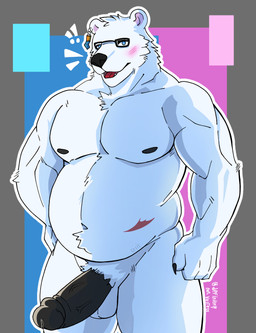 anthro balls belly biceps black_nipples black_nose black_penis blue_eyes blush bodily_fluids ear_piercing erection eyewear fur genital_fluids genitals glans glasses half-erect male middle_aged musclegut muscular muscular_male nipples open_mouth penis piercing precum scar solo vein veiny_penis white_body white_fur yorick_sidorov definitely_not_volress bear mammal polar_bear ursine absurd_res half-length_portrait hi_res portrait