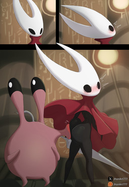 2_horns 3_panel_comic ambiguous_gender anthro biped black_body black_eyes blush blush_lines butt cape clothing duo embarrassed empty_eyes female holding_melee_weapon holding_object holding_weapon horn kiss_on_butt kissing melee_weapon patreon_logo questionable_consent red_cape red_clothing standing surprised text weapon white_text x_logo jhonart777 hollow_knight:_silksong hollow_knight_(franchise) patreon team_cherry hornet_(hollow_knight) nuu_(hollow_knight:_silksong) animal_humanoid arachnid arachnid_humanoid arthropod arthropod_humanoid humanoid insect absurd_res comic english_text hi_res female_(lore)