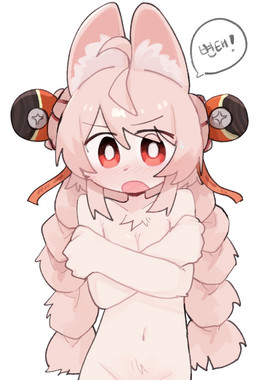 4_fingers ahoge anthro blush breasts covering covering_breasts embarrased_female embarrassed female fingers fur hair inner_ear_fluff navel nude nude_anthro nude_female pink_body pink_fur pink_hair ponytail red_eyes solo text tuft young young_anthro young_female secondchuko mihoyo zenless_zone_zero zhao_(zenless_zone_zero) lagomorph leporid mammal rabbit korean_text translated adult_(lore)