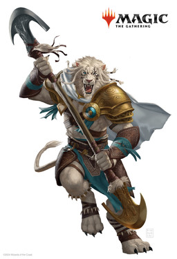 anthro armor braided_hair cape clothing eye_scar facial_scar fur hair holding_melee_weapon holding_object holding_weapon looking_at_viewer male melee_weapon muscular muscular_male on_one_leg open_mouth pauldron scar solo standing tail weapon white_body white_cape white_clothing white_fur white_hair pindurski hasbro magic:_the_gathering wizards_of_the_coast ajani_goldmane felid lion mammal pantherine 2024 absurd_res digital_media_(artwork) hi_res official_art